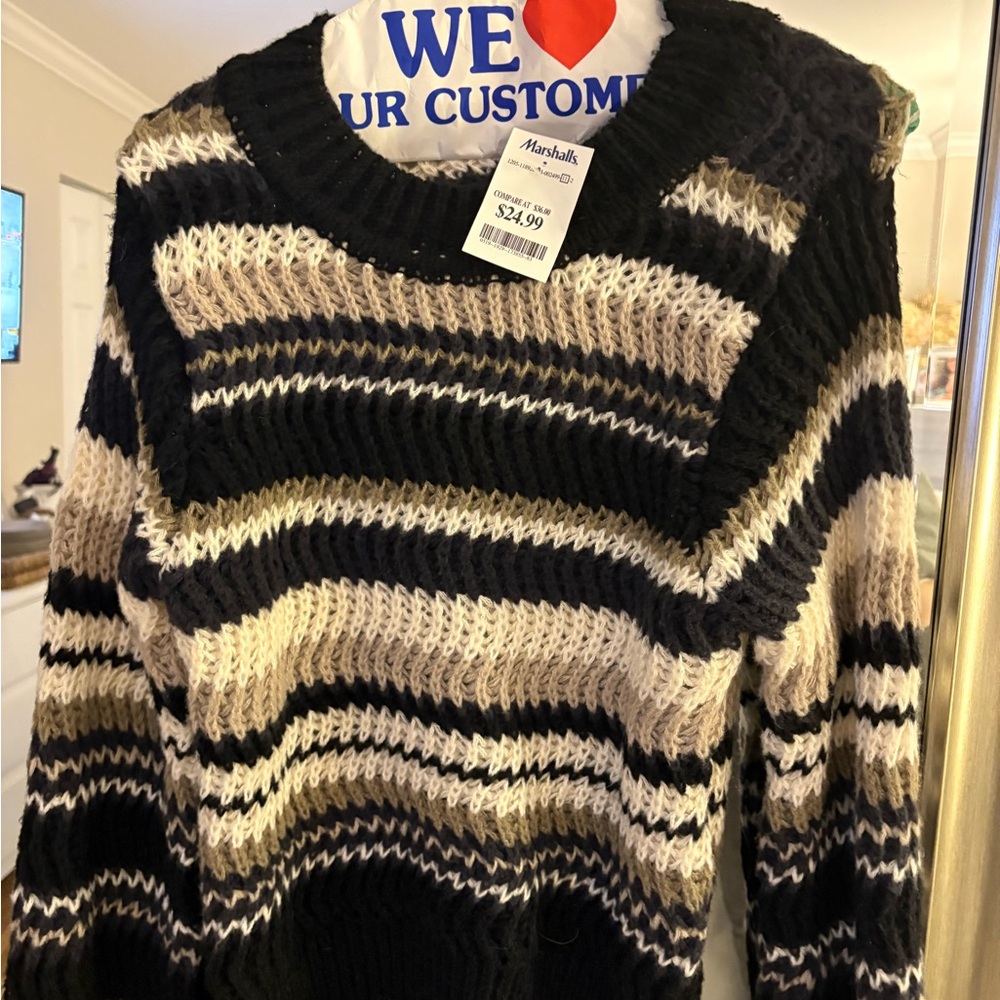 Elegant Black and Cream Striped Crewneck Sweater